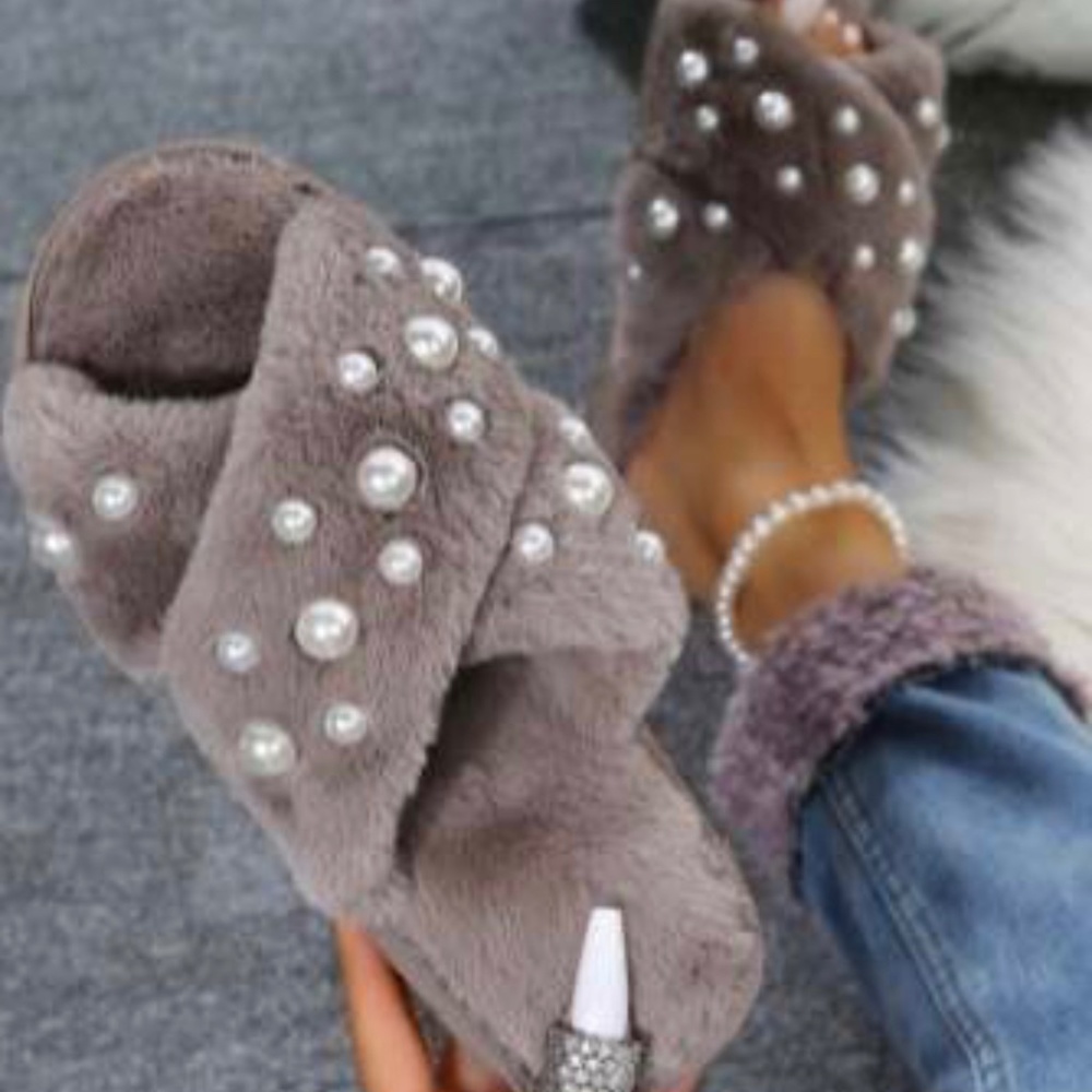 pearl faux fur plush warm slipper , winter slippers bridal slippers